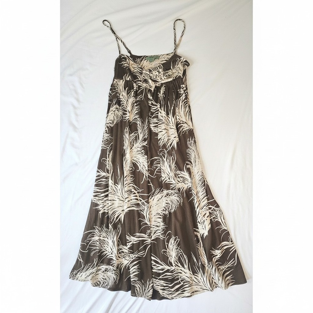 Maple‎ Anthropologie Silk Midi Dress Brown Cream Botanical Feather Print Size 0